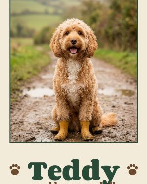 Example Muddy Pup Portrait: a photo of Teddy in mustard wellies, framed with the name Teddy