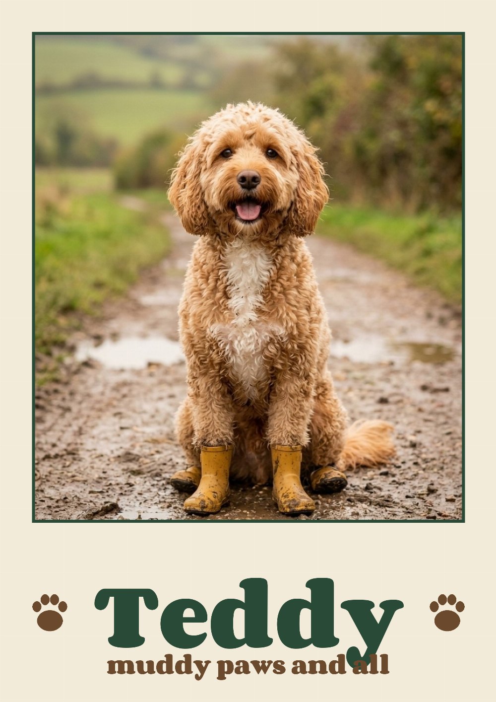 Example Muddy Pup Portrait: a photo of Teddy in mustard wellies, framed with the name Teddy