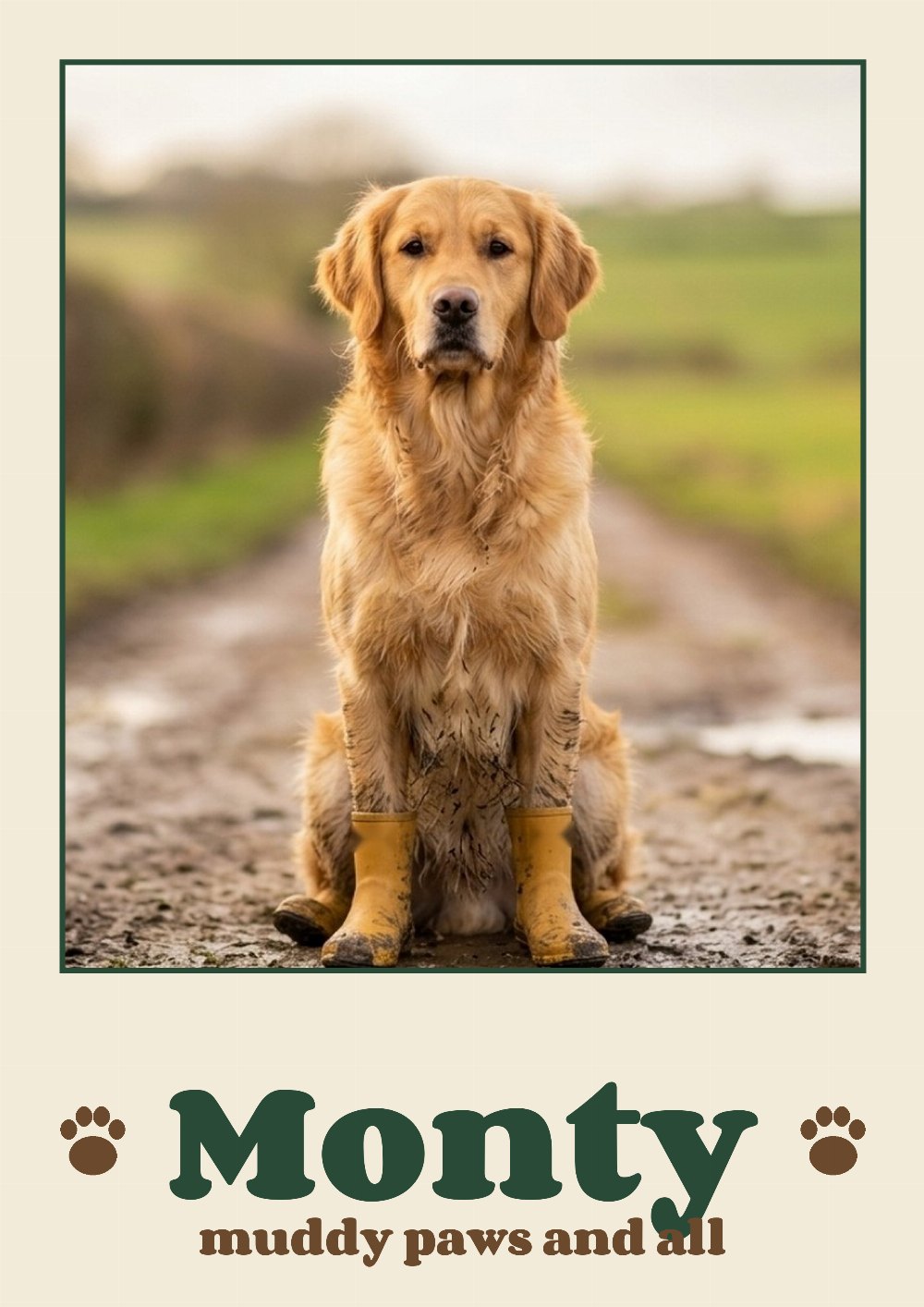 Example Muddy Pup Portrait: a photo of Monty in mustard wellies, framed with the name Monty